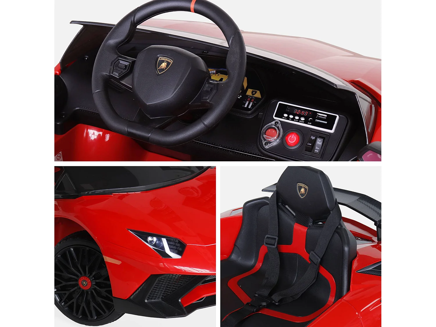 Voiture électrique 12V pour enfant Lamborghini. rouge. 1 place. avec autoradio. télécommande. MP3. port USB et phares fonctionnels
