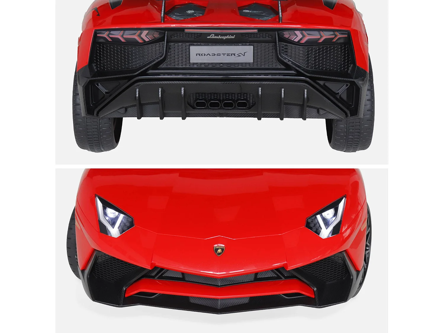 Voiture électrique 12V pour enfant Lamborghini. rouge. 1 place. avec autoradio. télécommande. MP3. port USB et phares fonctionnels