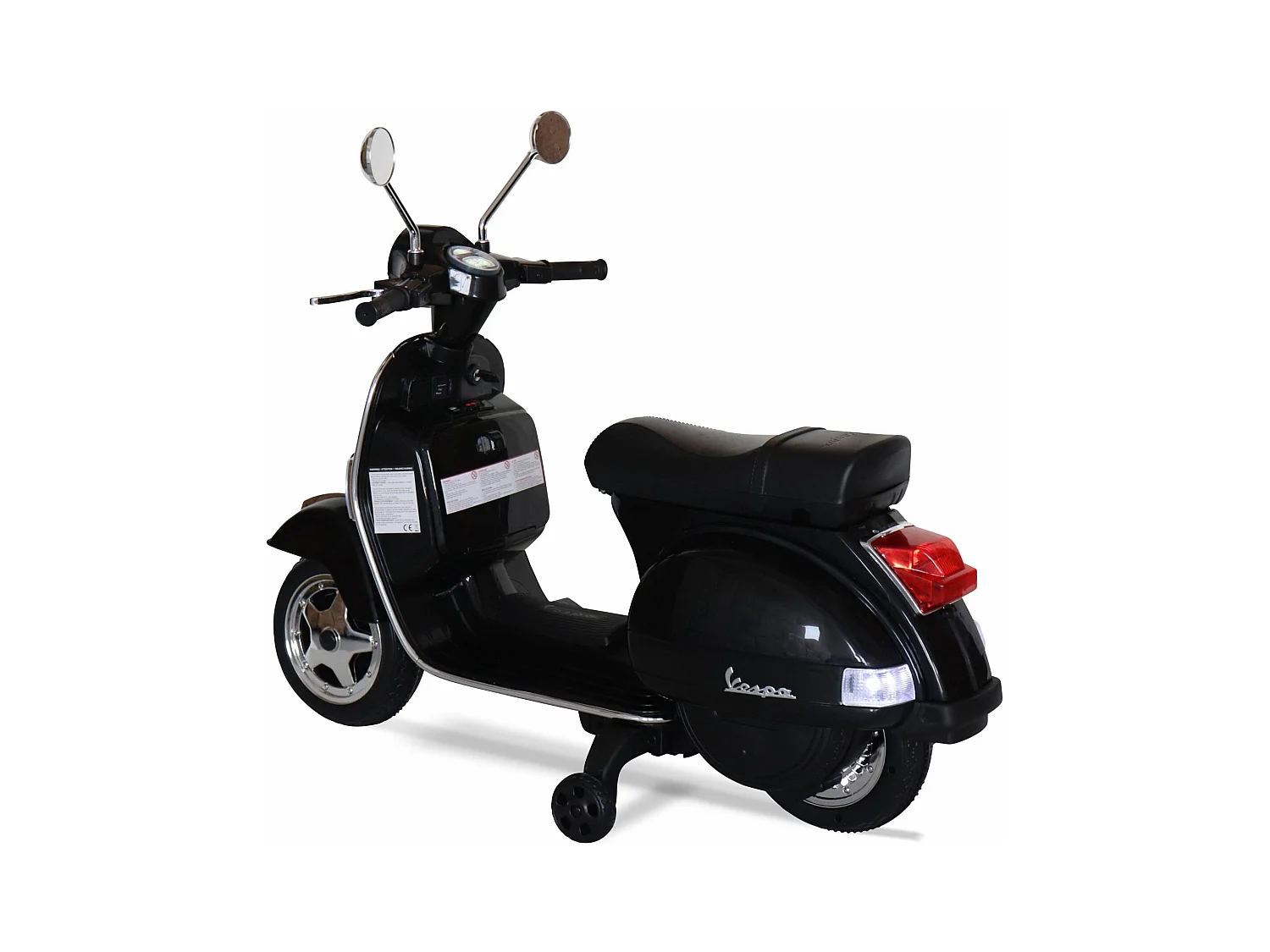 Vespa noire PX150. scooter électrique pour enfants 12V 4.5Ah. 1 place avec autoradio