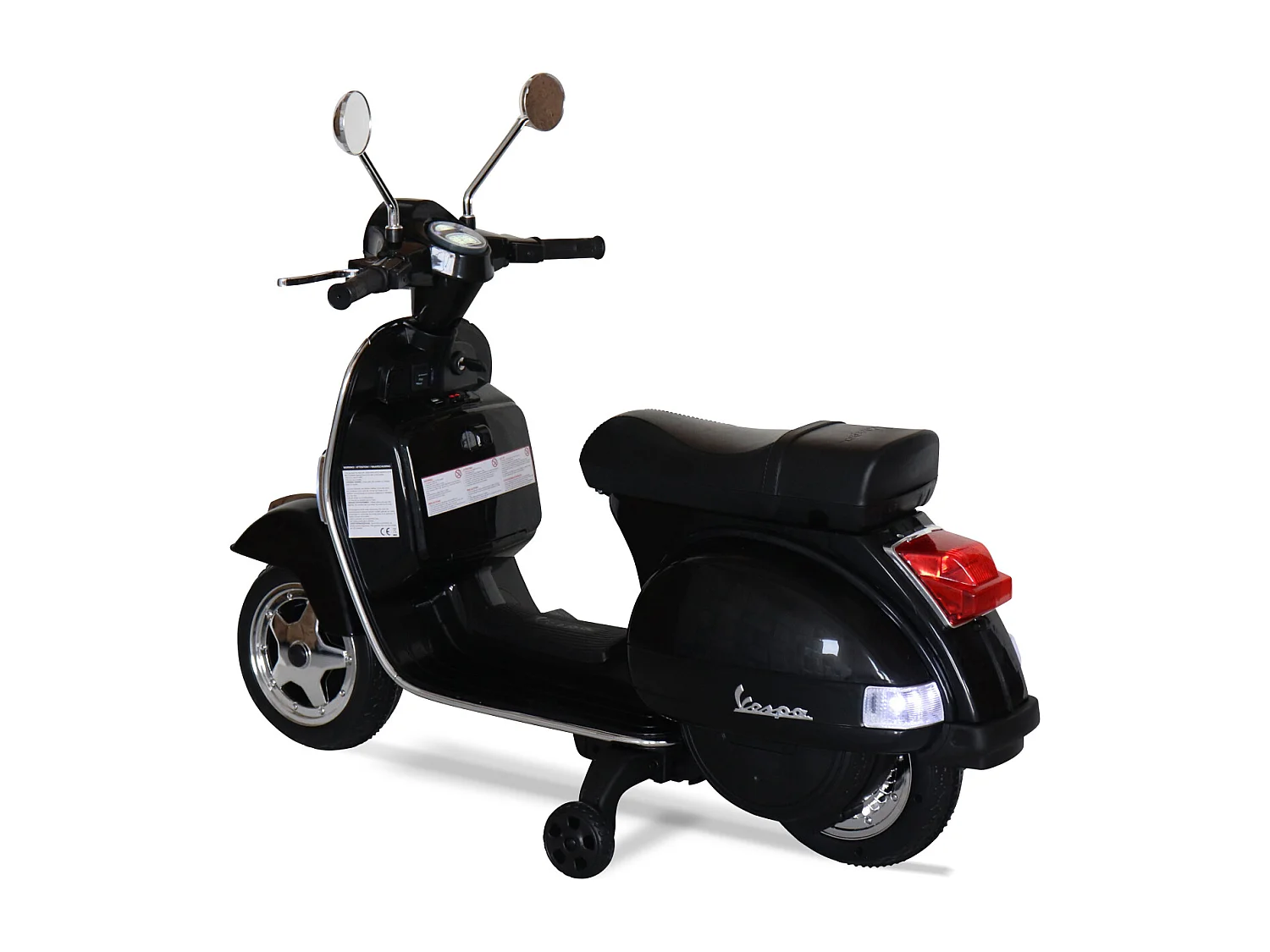 Vespa noire PX150. scooter électrique pour enfants 12V 4.5Ah. 1 place avec autoradio