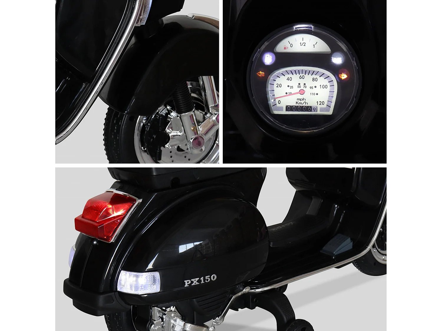 Vespa noire PX150. scooter électrique pour enfants 12V 4.5Ah. 1 place avec autoradio