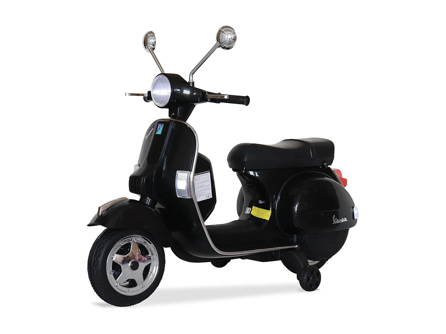 Vespa noire PX150. scooter électrique pour enfants 12V 4.5Ah. 1 place avec autoradio