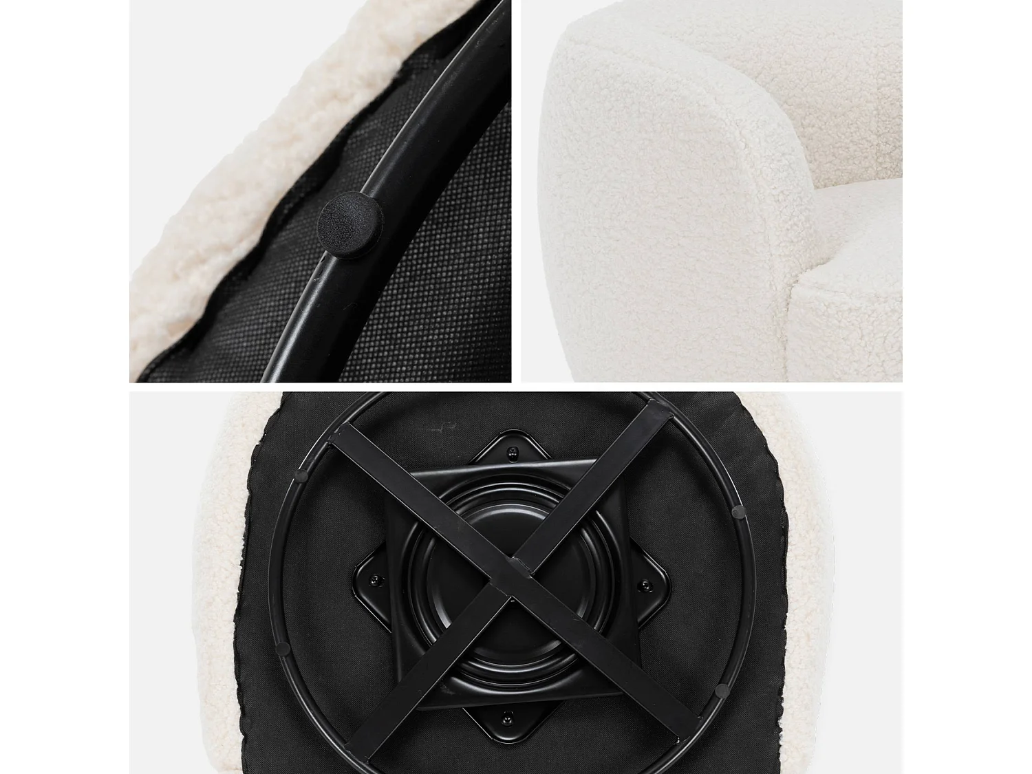 Fauteuil cosy rond pivotant en bouclette crème. Laya. L 79.5 x P 77.5 x H 67cm