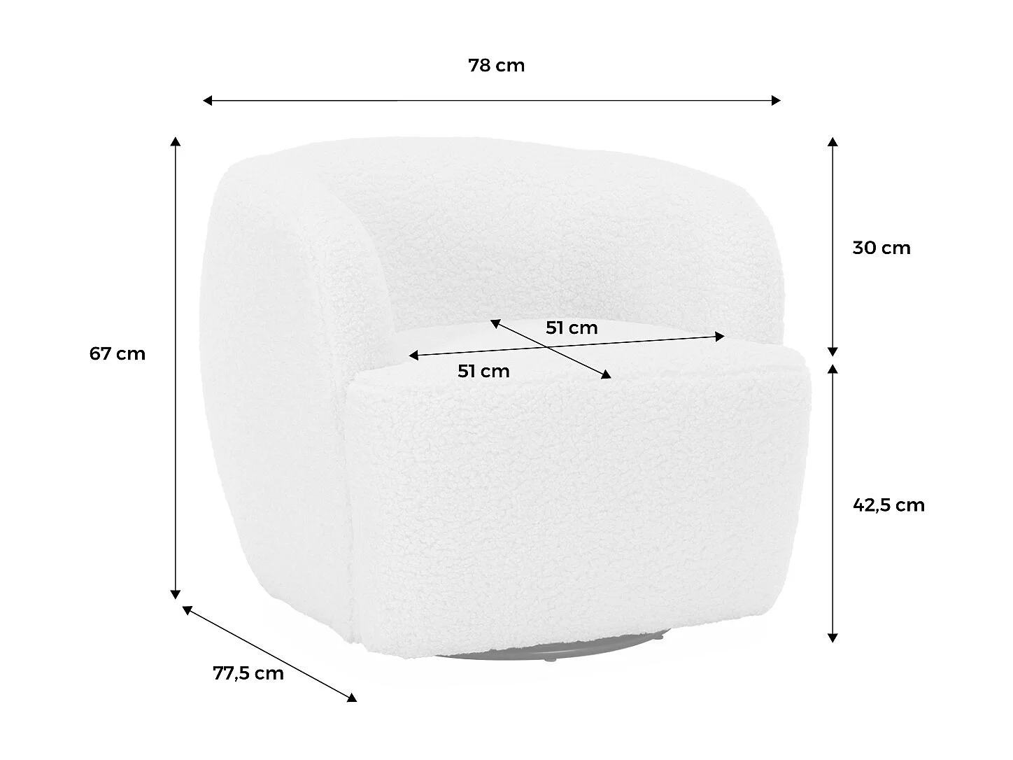 Fauteuil cosy rond pivotant en bouclette crème. Laya. L 79.5 x P 77.5 x H 67cm