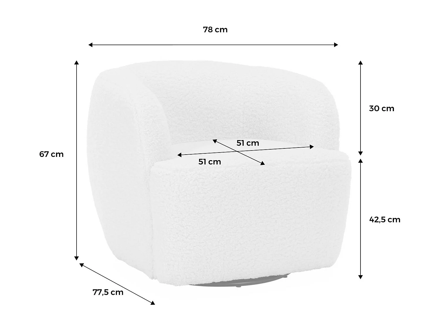 Fauteuil cosy rond pivotant en bouclette crème. Laya. L 79.5 x P 77.5 x H 67cm
