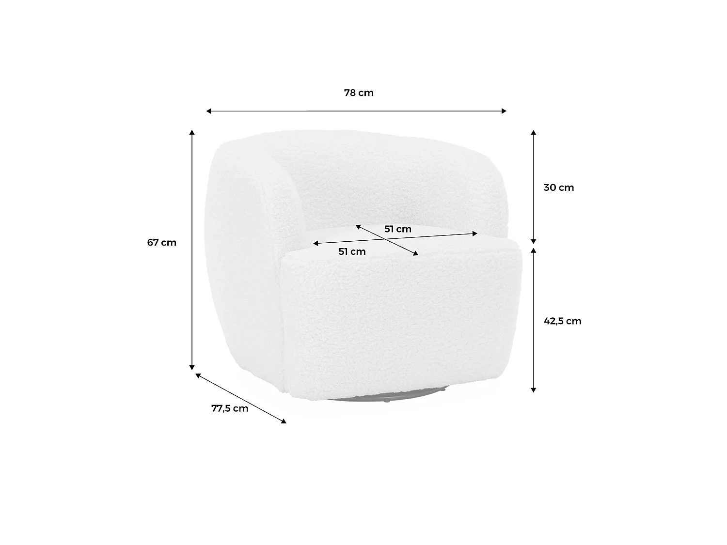 Fauteuil cosy rond pivotant en bouclette crème. Laya. L 79.5 x P 77.5 x H 67cm