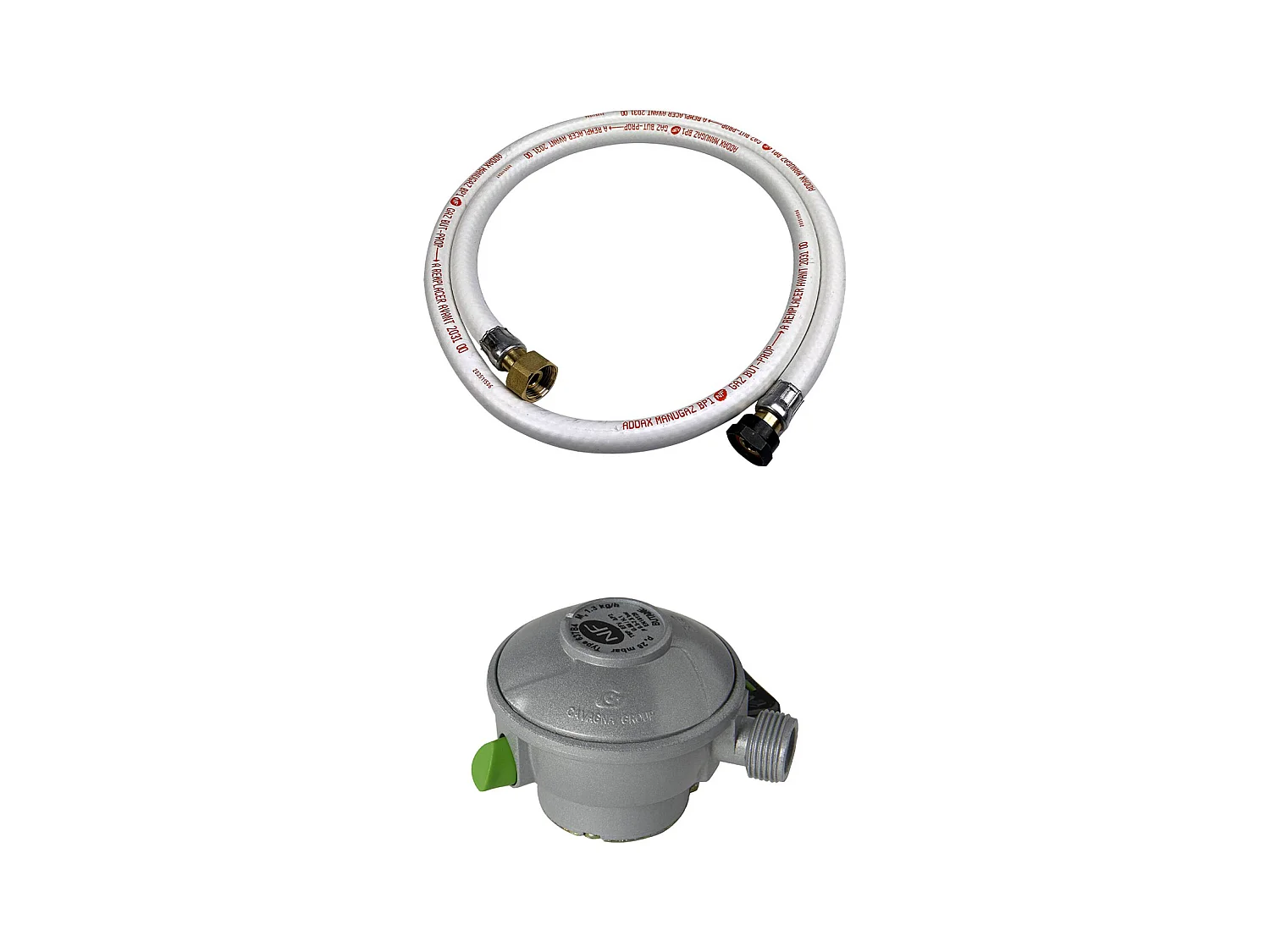 Kit Tuyau flexible de gaz 1.5 m à embouts mécaniques + Détendeur Quick-on Ø27mm Butane 28mbar 1.3kg/h. raccord rapide – Normes NF