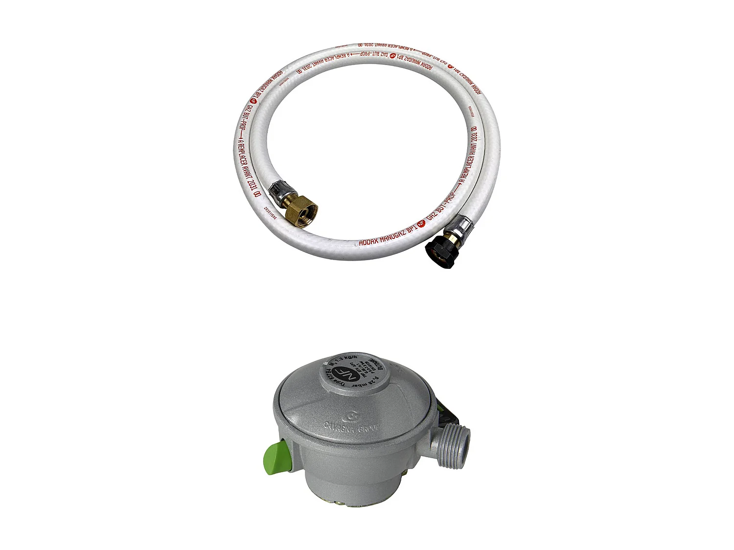 Kit Tuyau flexible de gaz 1.5 m à embouts mécaniques + Détendeur Quick-on Ø27mm Butane 28mbar 1.3kg/h. raccord rapide – Normes NF