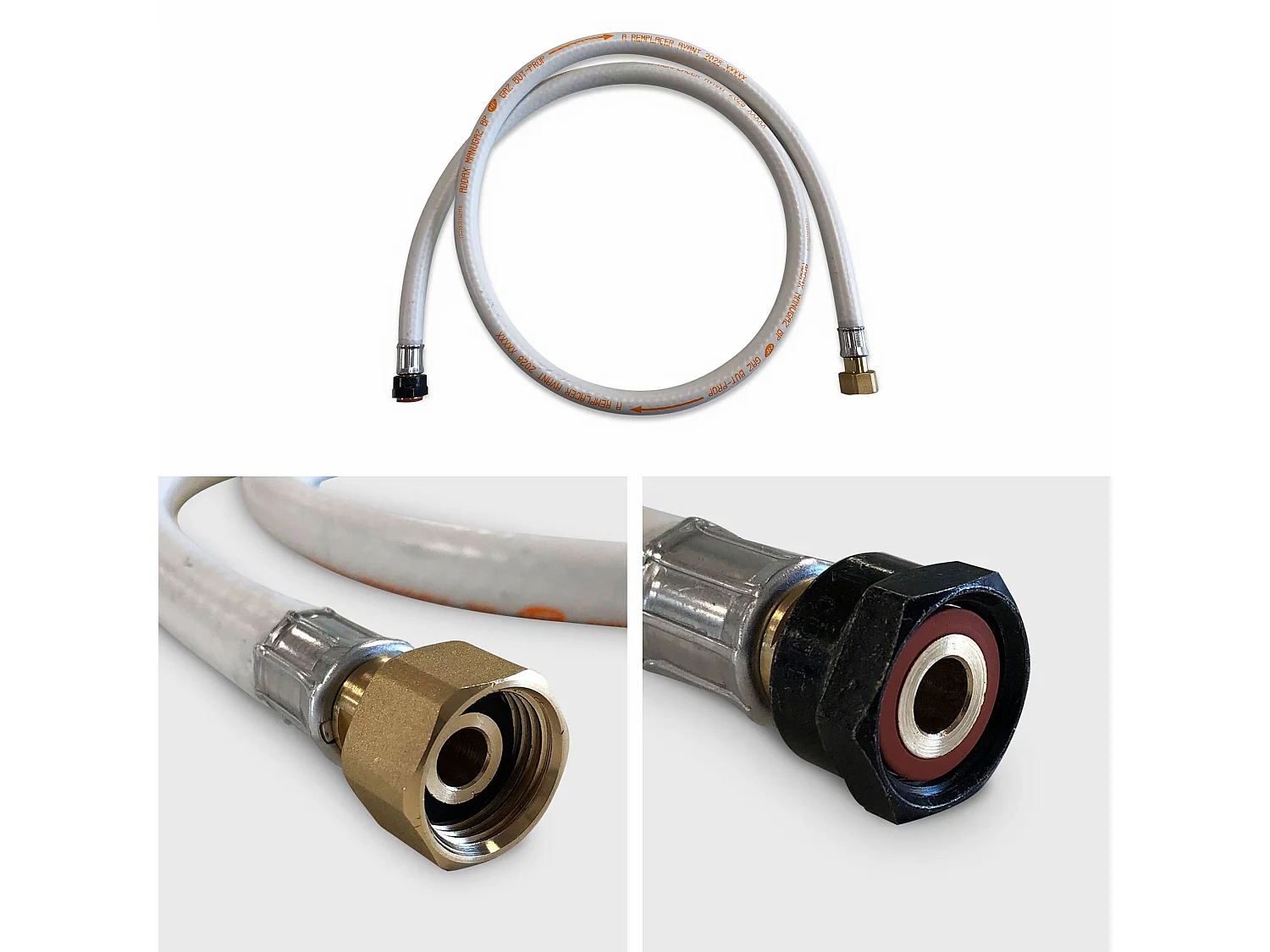 Kit Tuyau flexible de gaz 1.5 m à embouts mécaniques + Détendeur Quick-on Ø27mm Butane 28mbar 1.3kg/h. raccord rapide – Normes NF