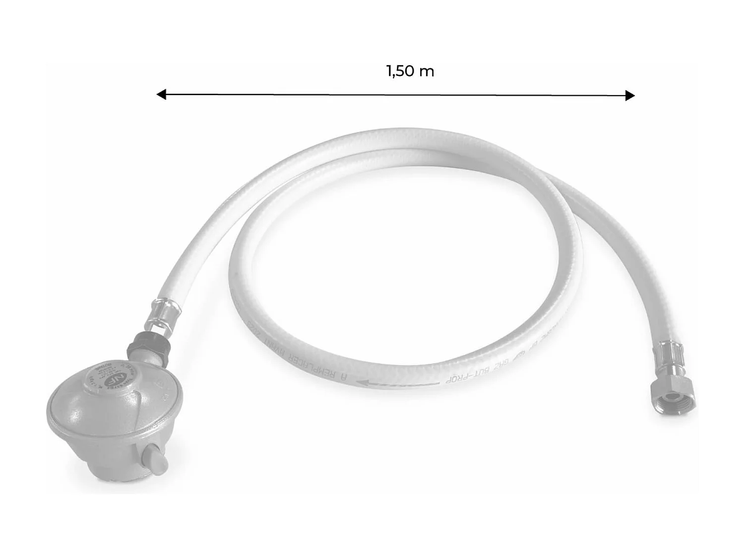 Kit Tuyau flexible de gaz 1.5 m à embouts mécaniques + Détendeur Quick-on Ø27mm Butane 28mbar 1.3kg/h. raccord rapide – Normes NF