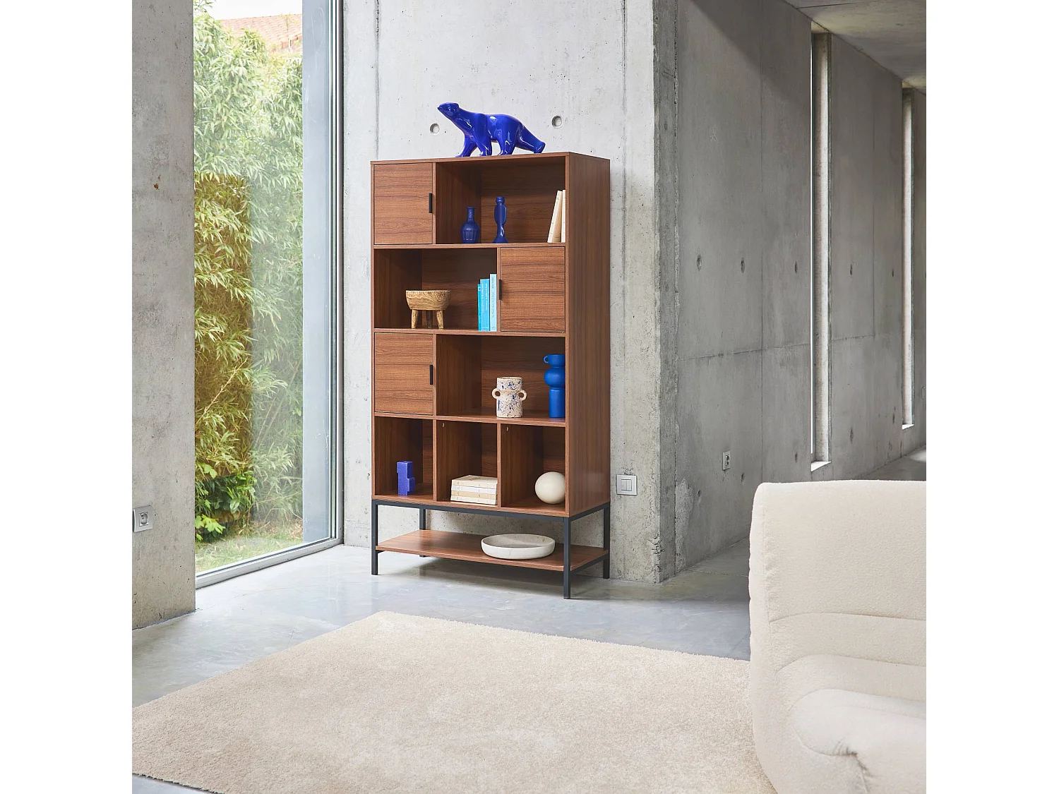 Libreria effetto legno tinto noce, 9 scomparti, marrone