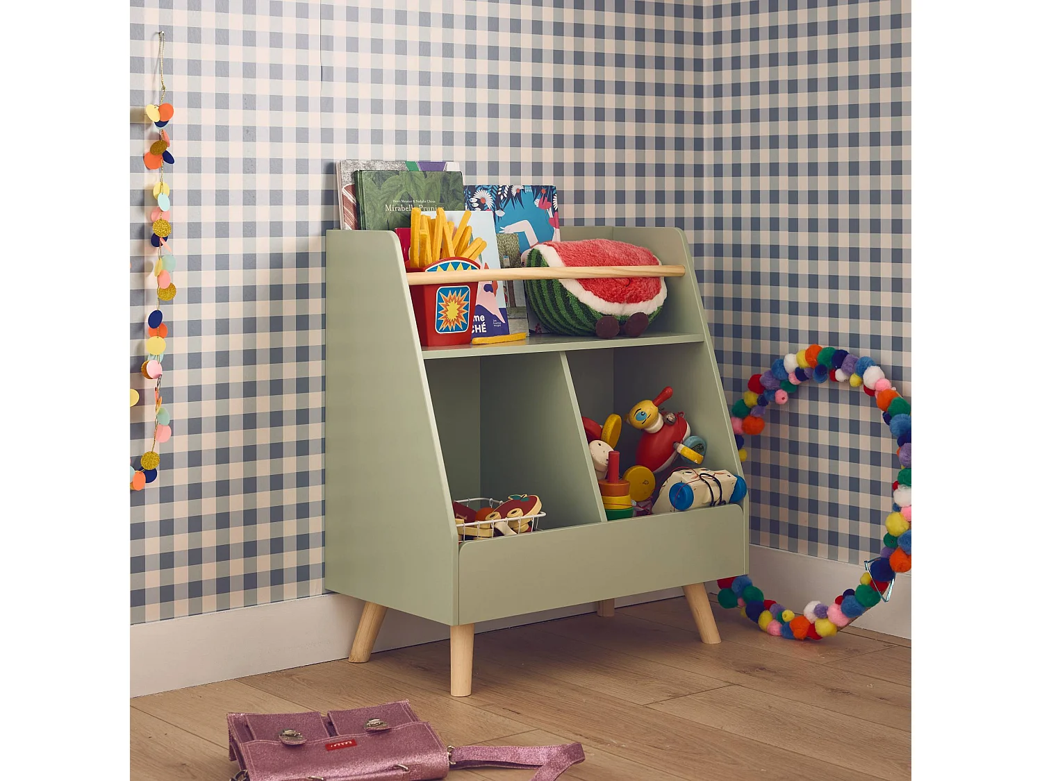 Meuble de rangement enfant. vert. 2 compartiments