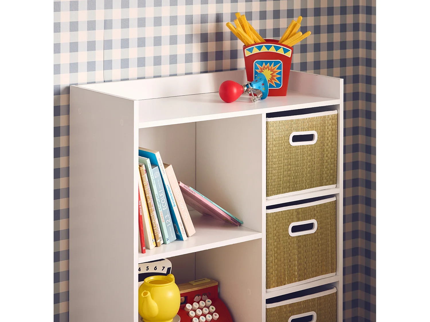 Meuble de rangement pour enfant avec 7 compartiments et 4 paniers fibre naturelle