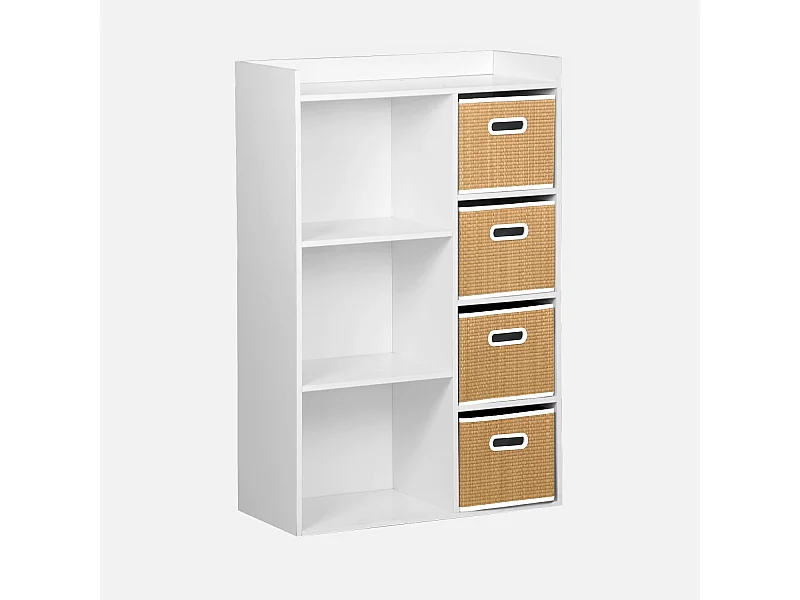 Libreria per bambini con 4 cestini in fibra vegetale, naturale