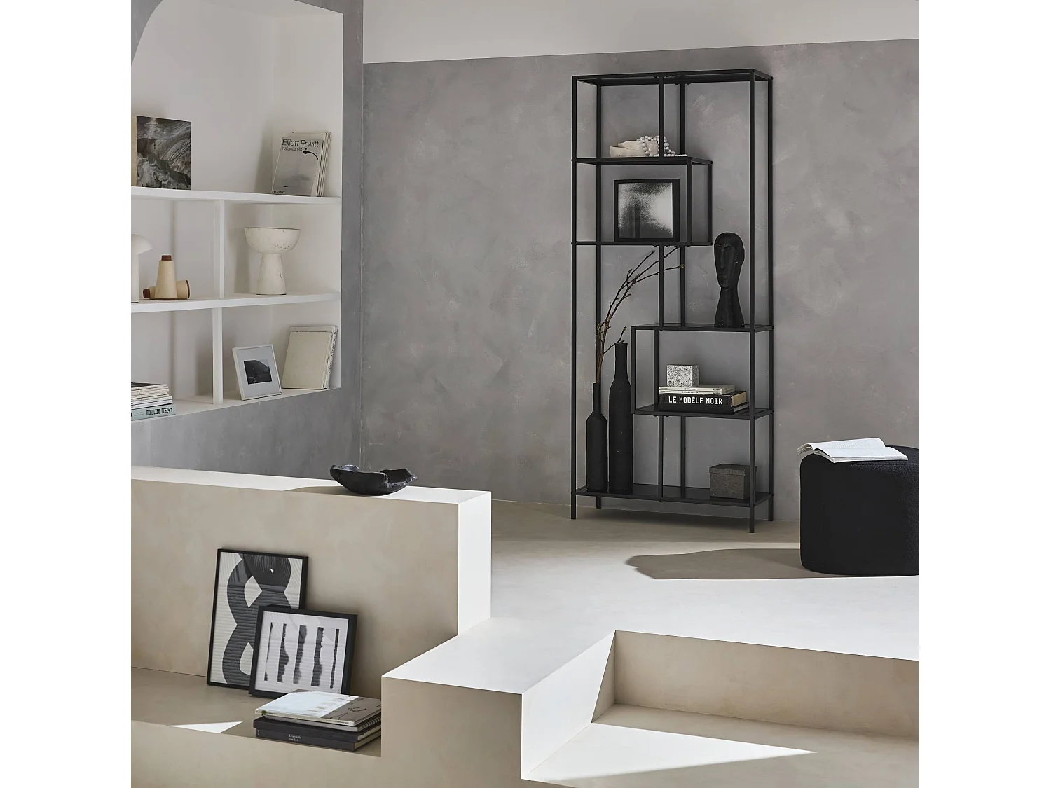 Etagère bibliothèque asymétrique 6 étages en métal noir INDUSTRIELLE L 77 x P 33 x H 185cm