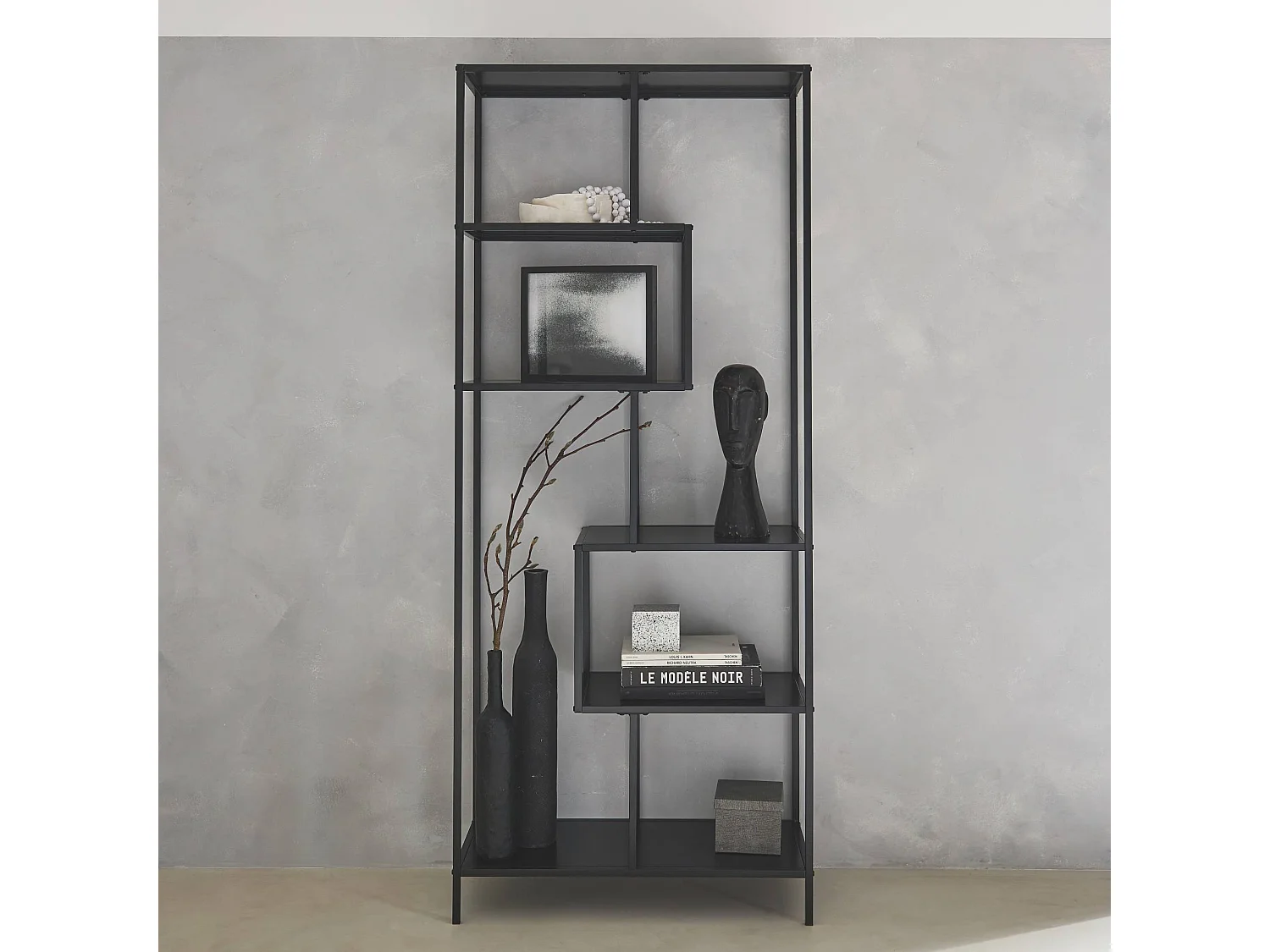 Etagère bibliothèque asymétrique 6 étages en métal noir INDUSTRIELLE L 77 x P 33 x H 185cm