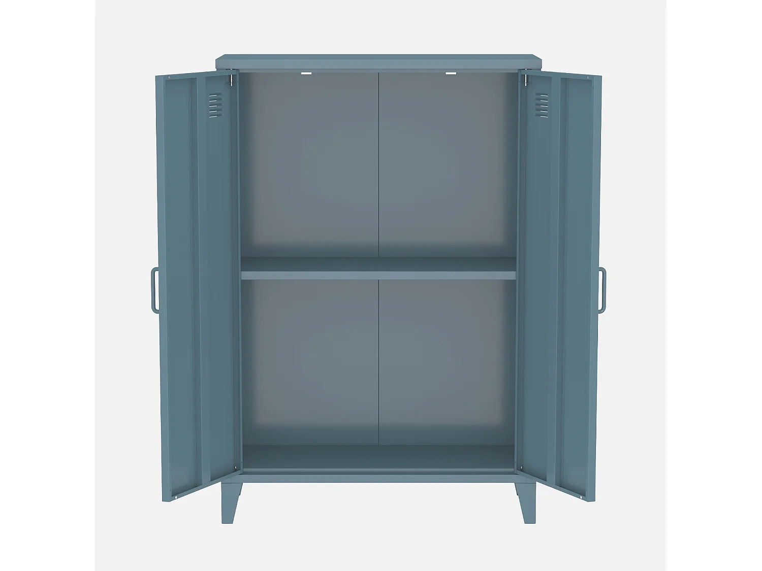 Commode/armoire en métal bleu. 2 espaces de rangement. casiers