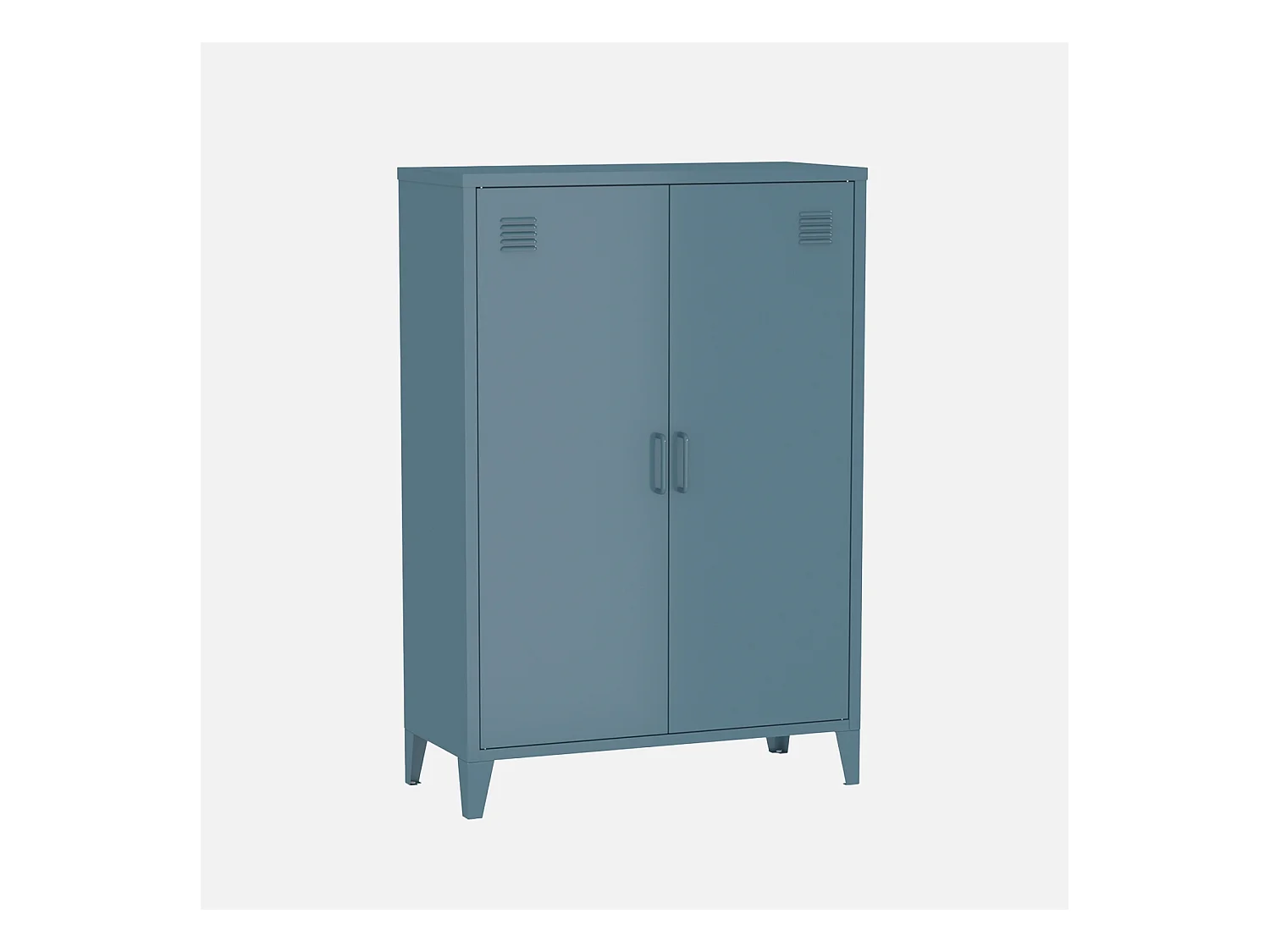 Commode/armoire en métal bleu. 2 espaces de rangement. casiers