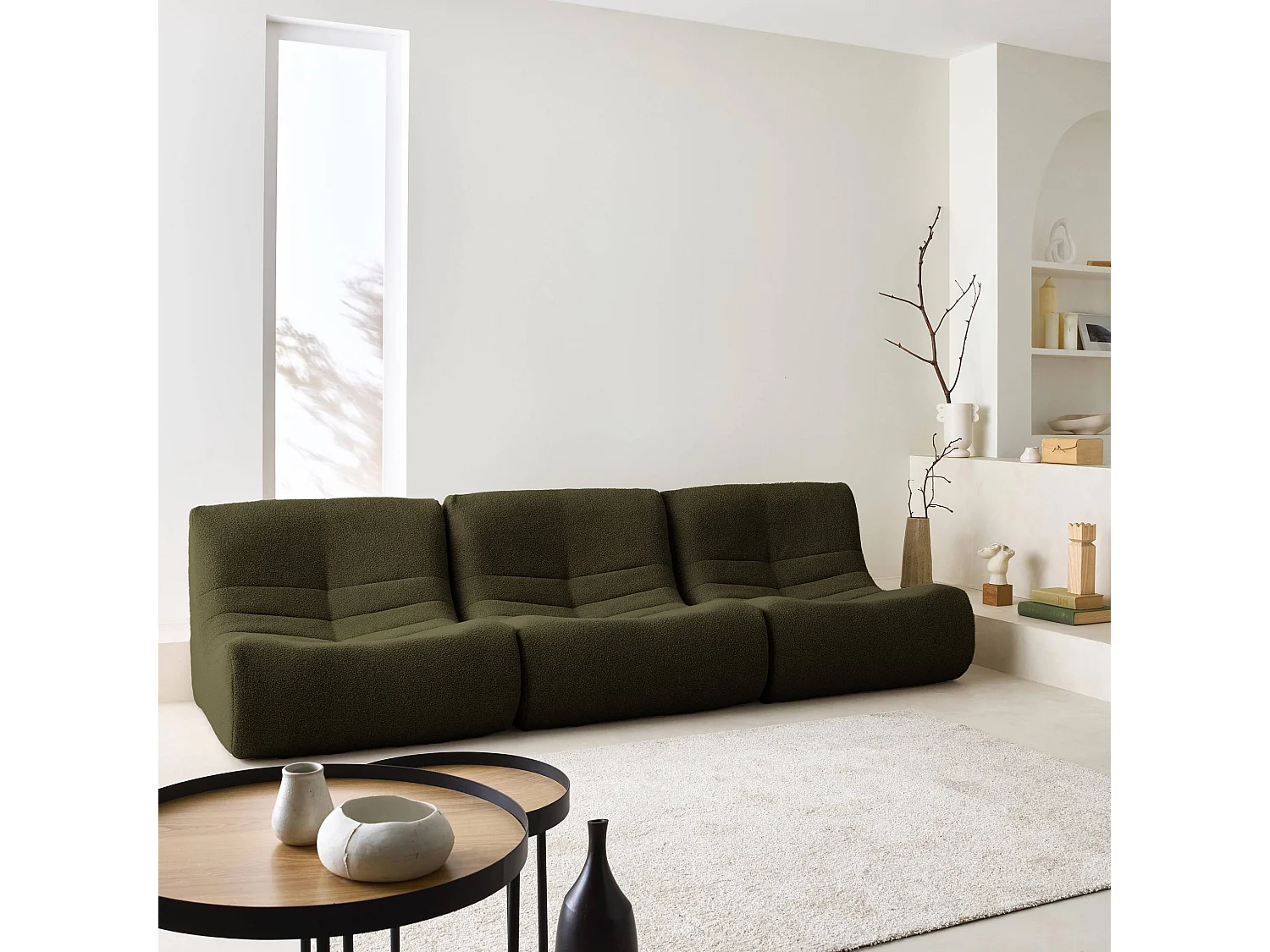 Lot de 3 fauteuils chauffeuses en bouclette texturée kaki foncé style contemporain 1 place