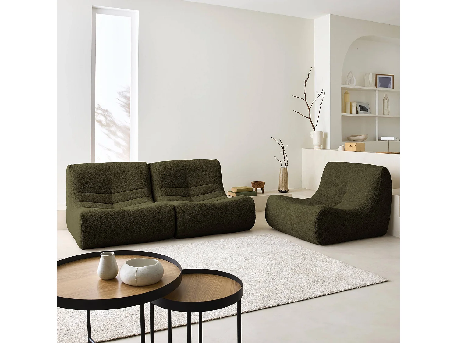 Lot de 3 fauteuils chauffeuses en bouclette texturée kaki foncé style contemporain 1 place