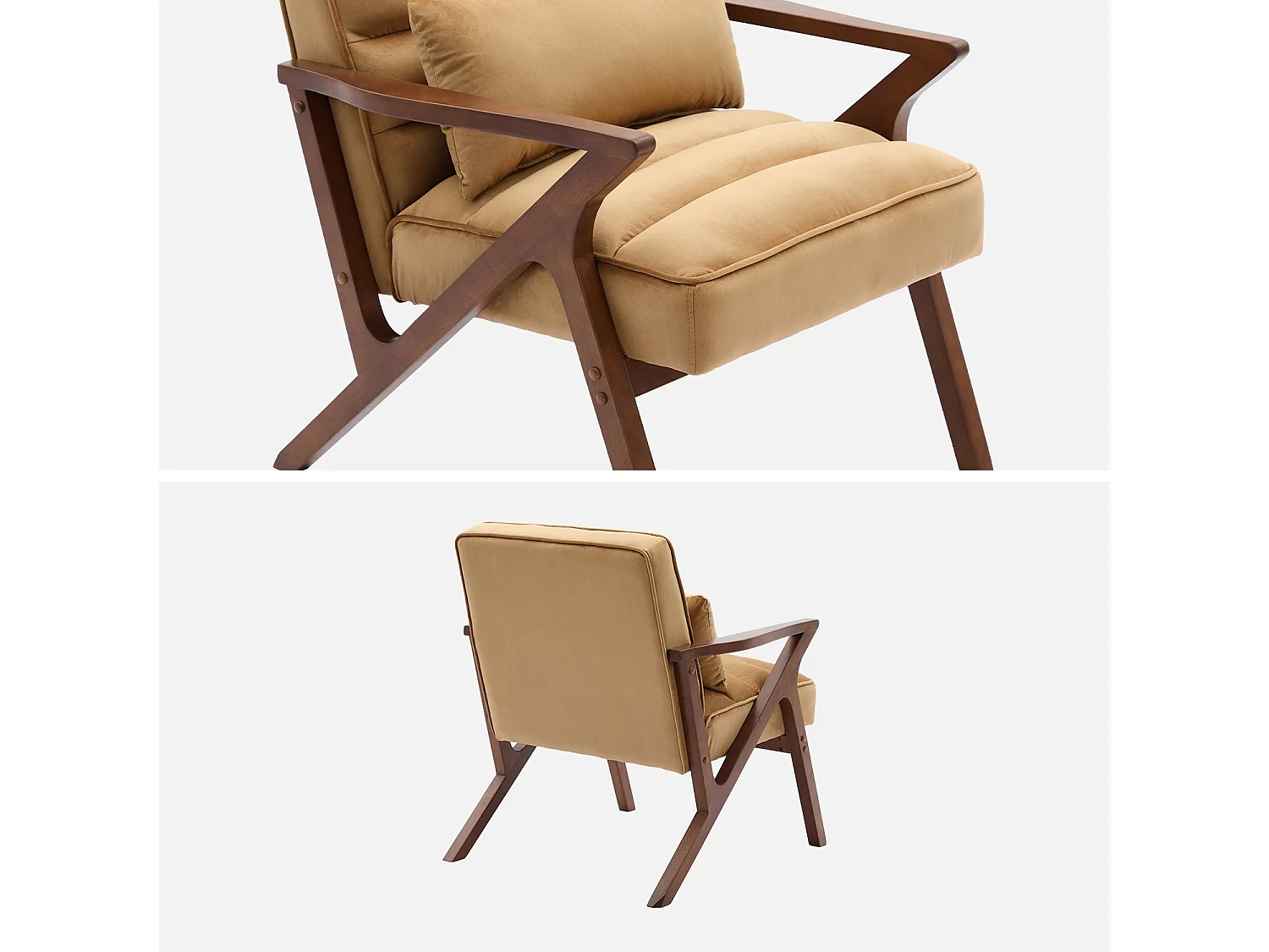 Fauteuil scandinave bois d'hévéa et velours camel