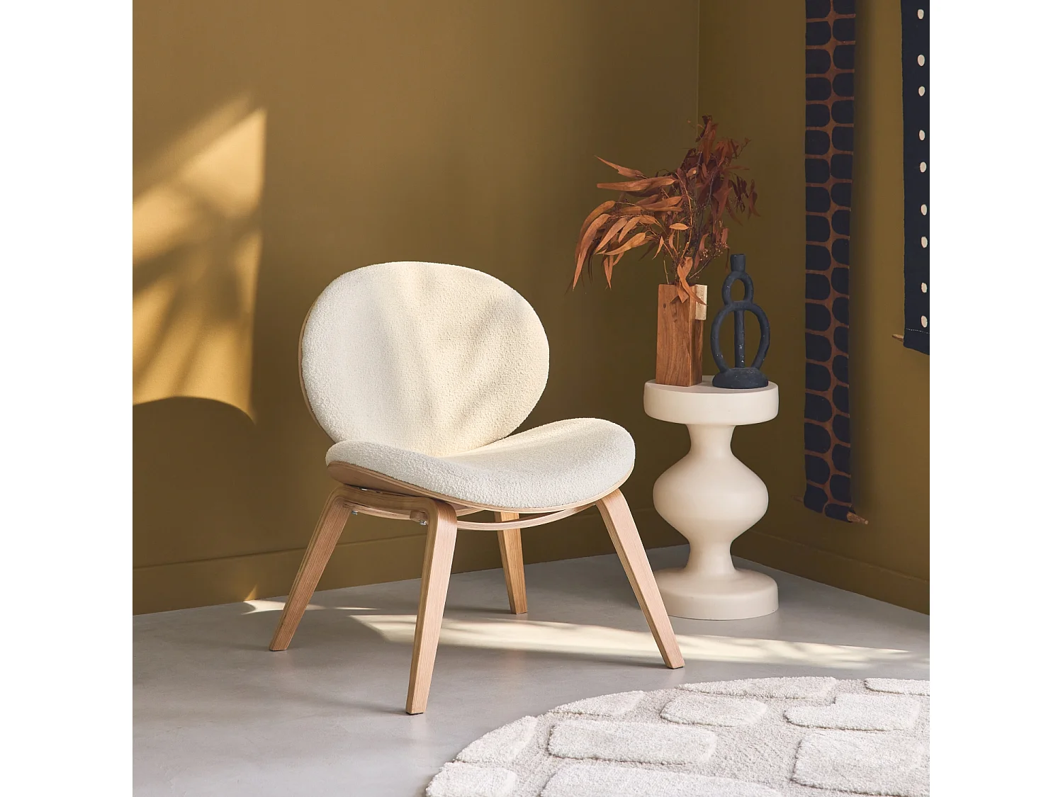 Fauteuil relax décor bois courbé placage effet chêne et bouclette texturée