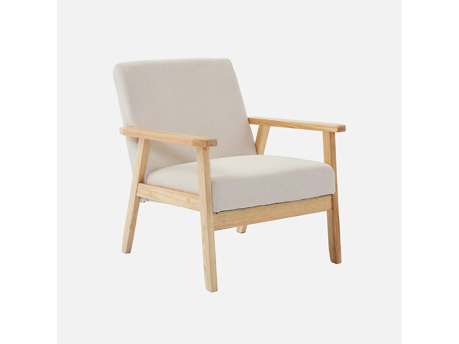 Fauteuil vintage / scandinave structure en bois et contreplaqué et assise en velours côtelé coloris blanc crème