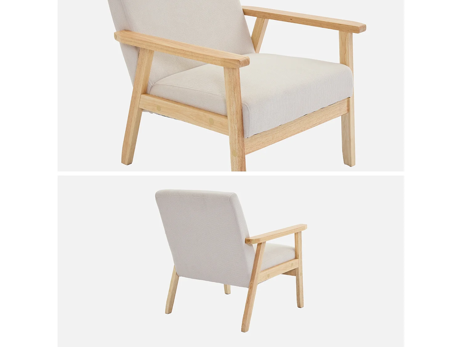 Fauteuil vintage / scandinave structure en bois et contreplaqué et assise en velours côtelé coloris blanc crème