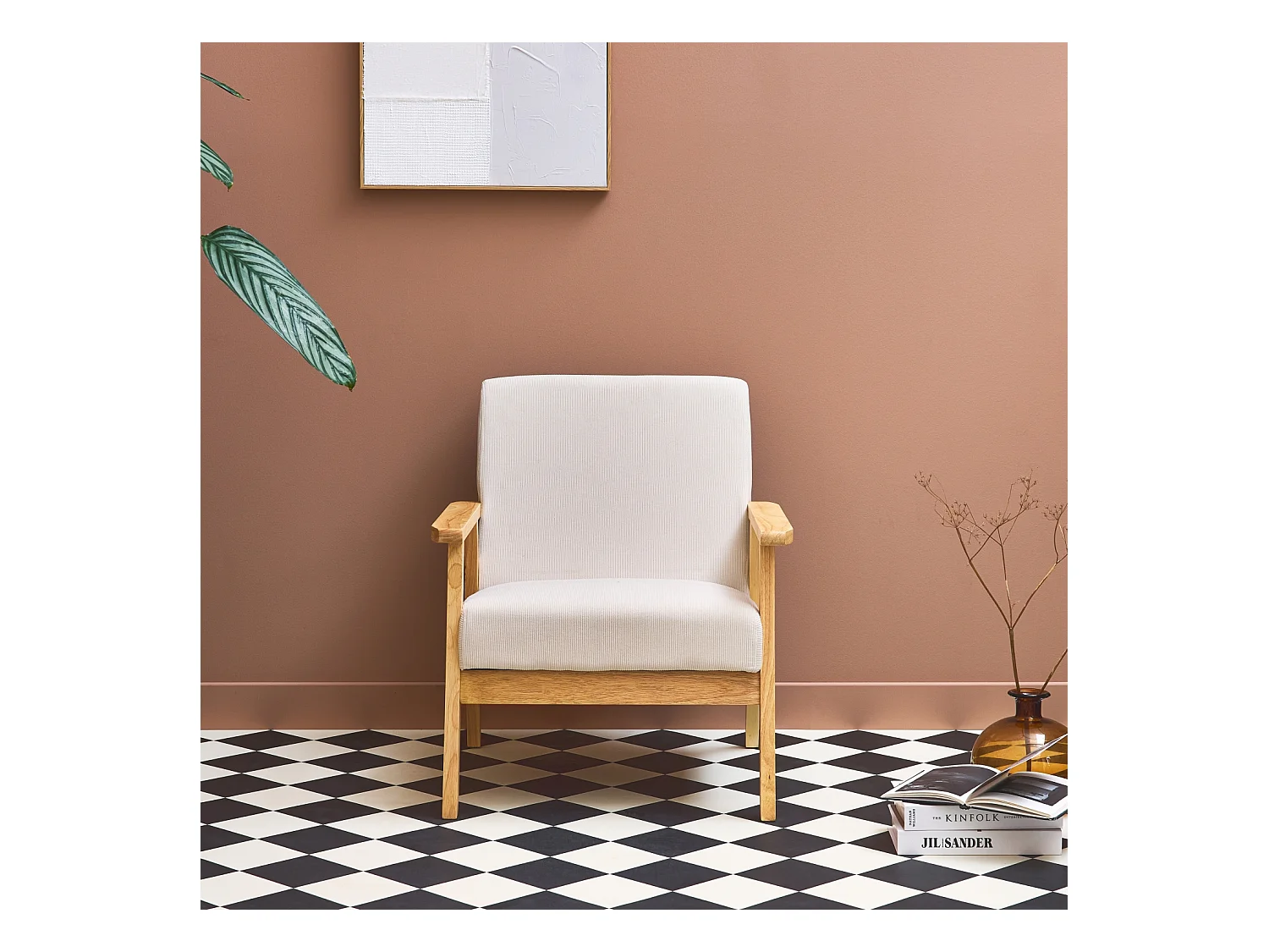 Fauteuil vintage / scandinave structure en bois et contreplaqué et assise en velours côtelé coloris blanc crème
