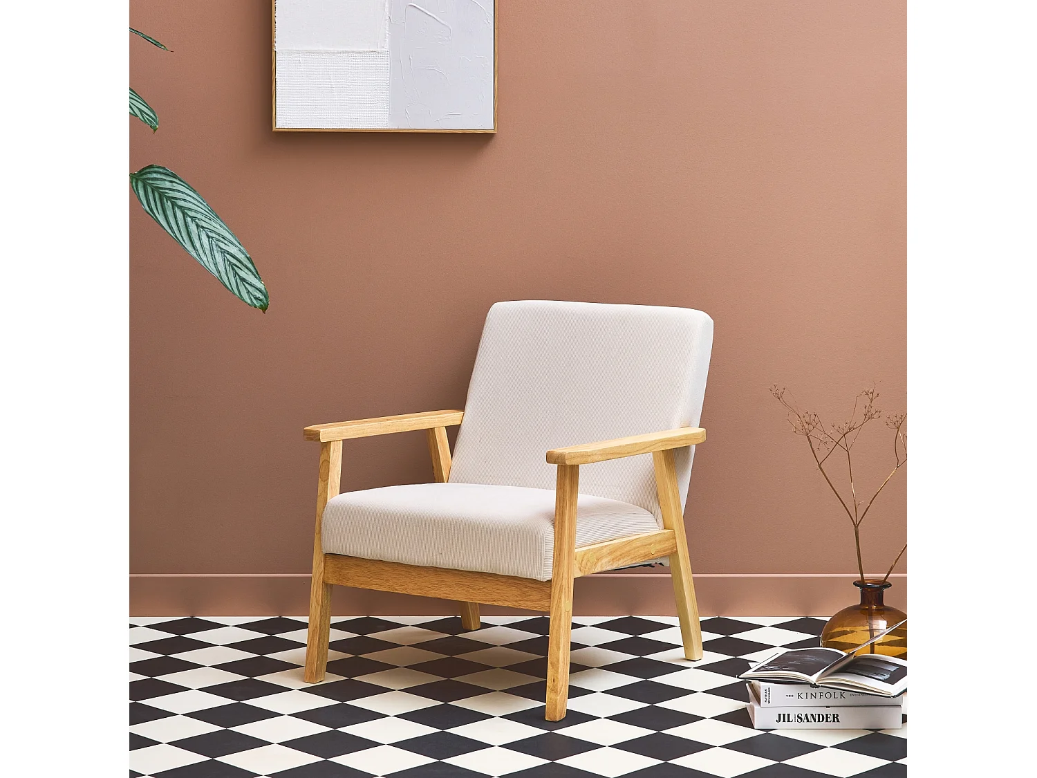 Fauteuil vintage / scandinave structure en bois et contreplaqué et assise en velours côtelé coloris blanc crème
