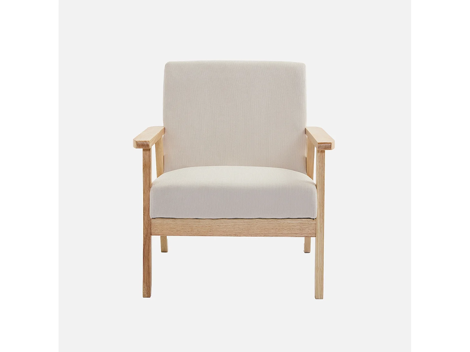 Fauteuil vintage / scandinave structure en bois et contreplaqué et assise en velours côtelé coloris blanc crème