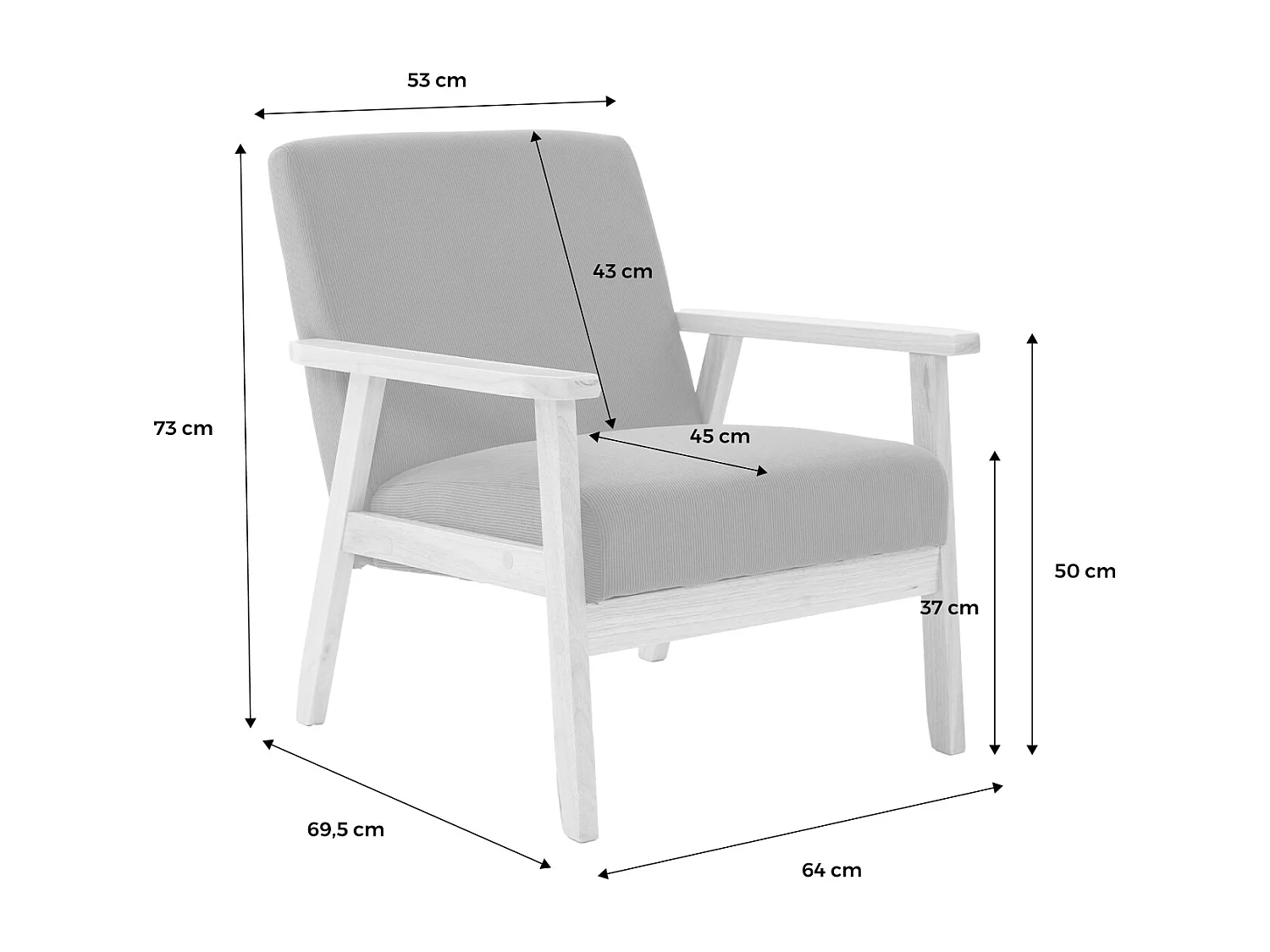 Fauteuil vintage / scandinave structure en bois et contreplaqué et assise en velours côtelé coloris blanc crème