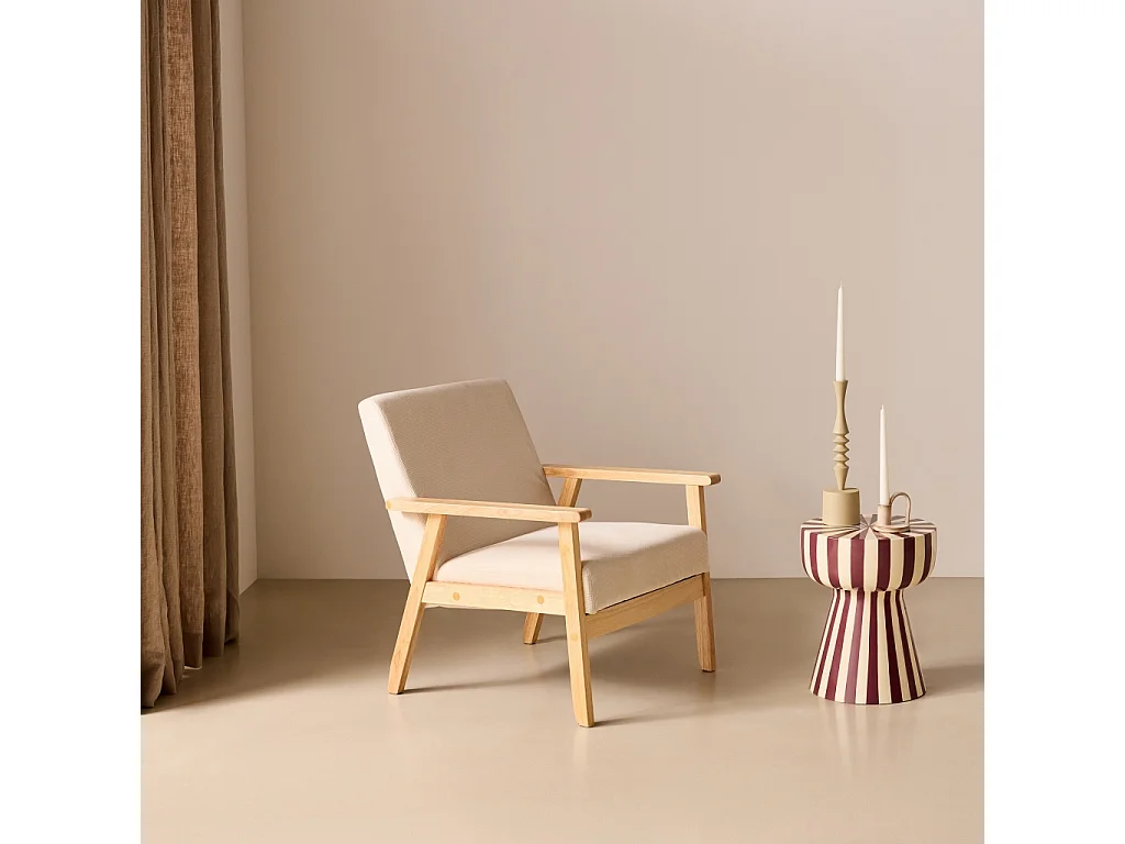Sillón escandinavo de madera y pana, Crema
