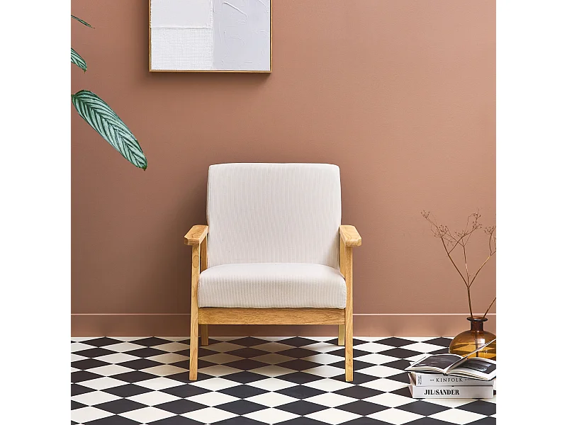 Fauteuil vintage / scandinave structure en bois et contreplaqué et assise en velours côtelé coloris blanc crème