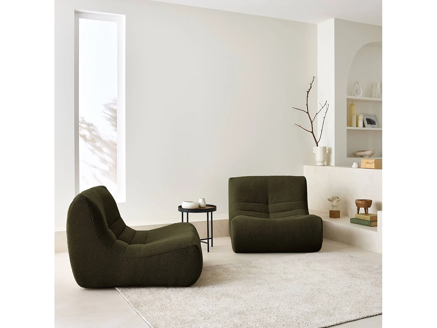 Lot de 2 fauteuils chauffeuses en bouclette texturée kaki style contemporain 1 place