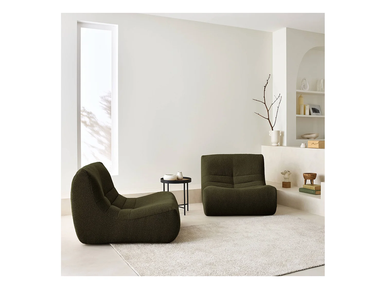 Lot de 2 fauteuils chauffeuses en bouclette texturée kaki style contemporain 1 place