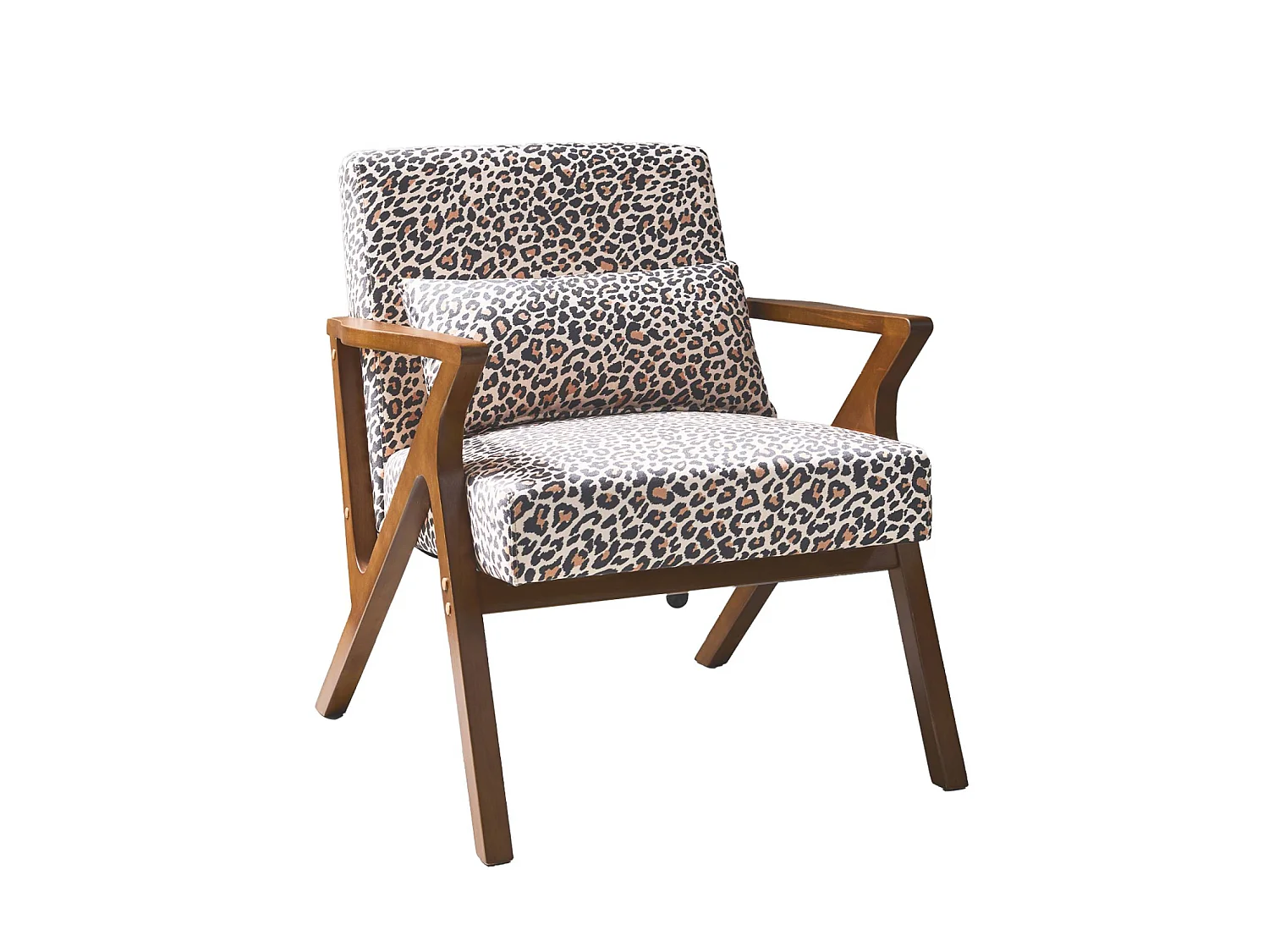 Sillón escandinavo de madera de hevea y estampado de leopardo,