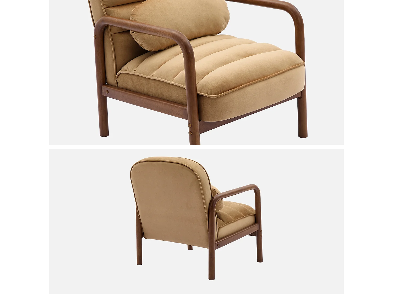 Sillón escandinavo de madera de hevea teñida de nogal y tela de