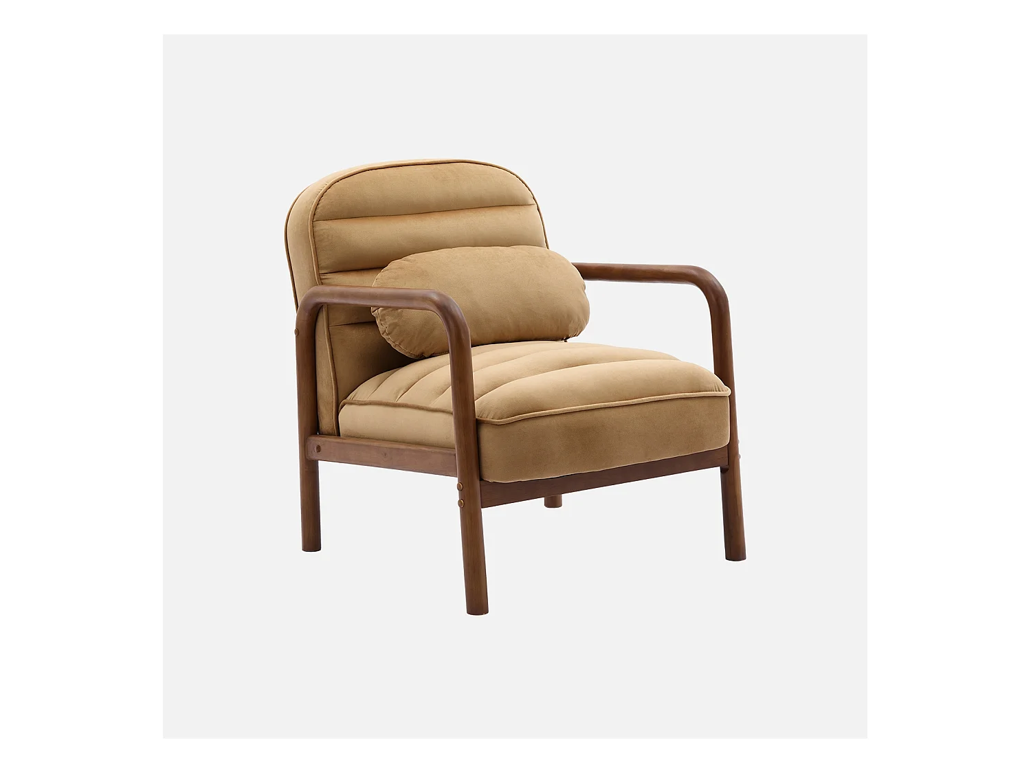 Fauteuil scandinave bois d'hévéa teinté noyer et tissu velours cappuccino