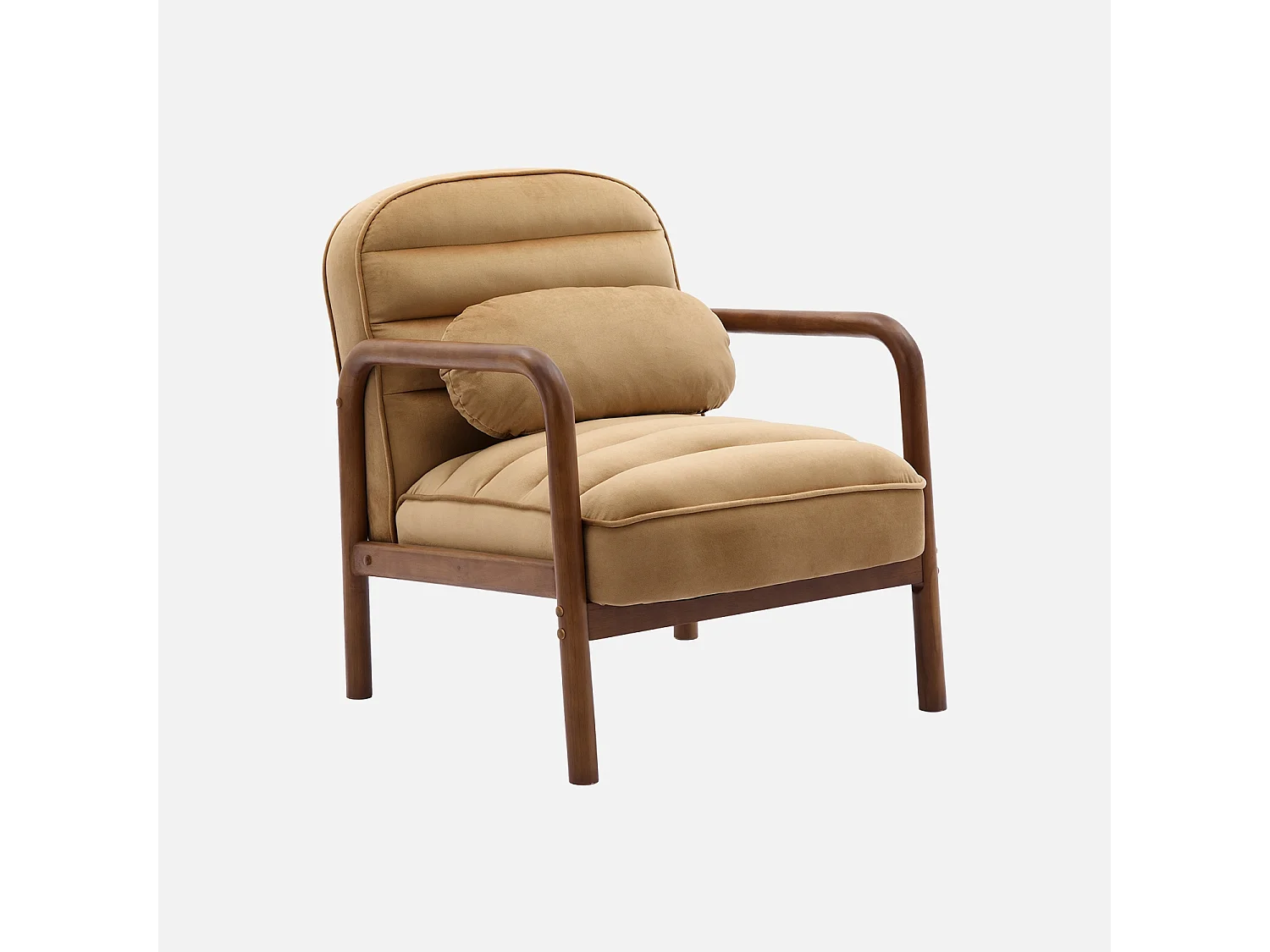 Fauteuil scandinave bois d'hévéa teinté noyer et tissu velours cappuccino