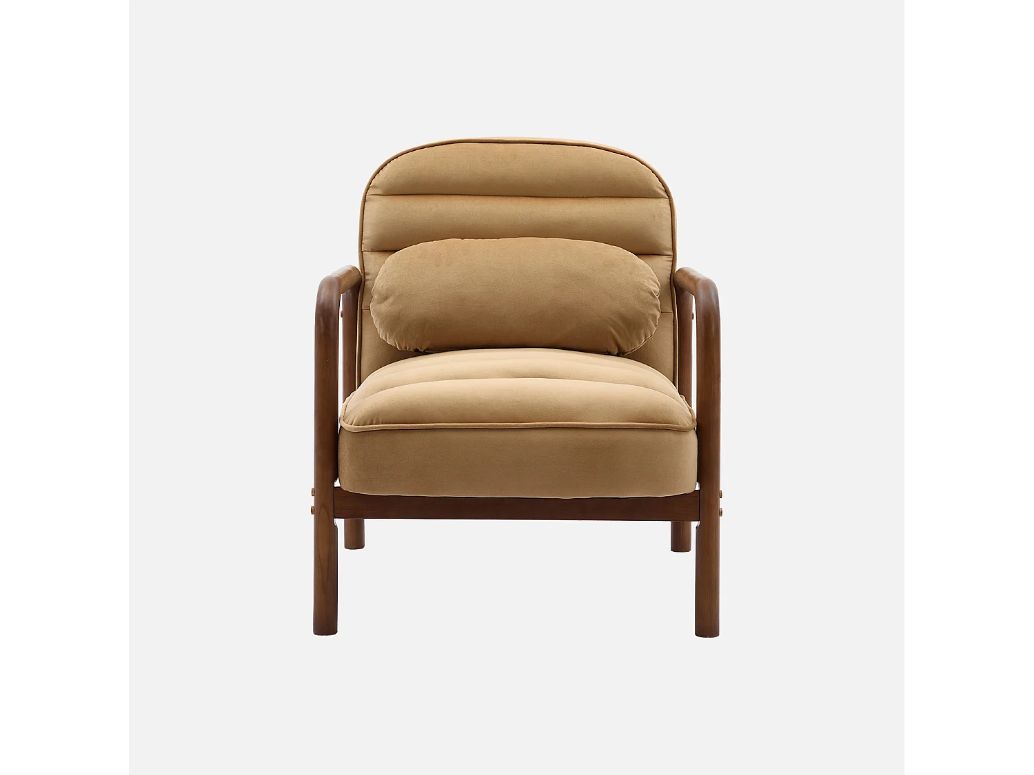 Fauteuil scandinave bois d'hévéa teinté noyer et tissu velours cappuccino