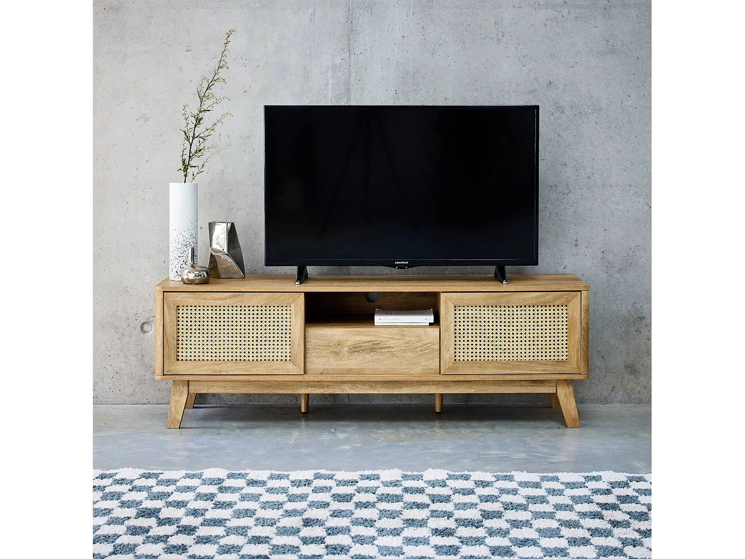 Mueble tv con puertas correderas, taquilla, estante efecto madera y