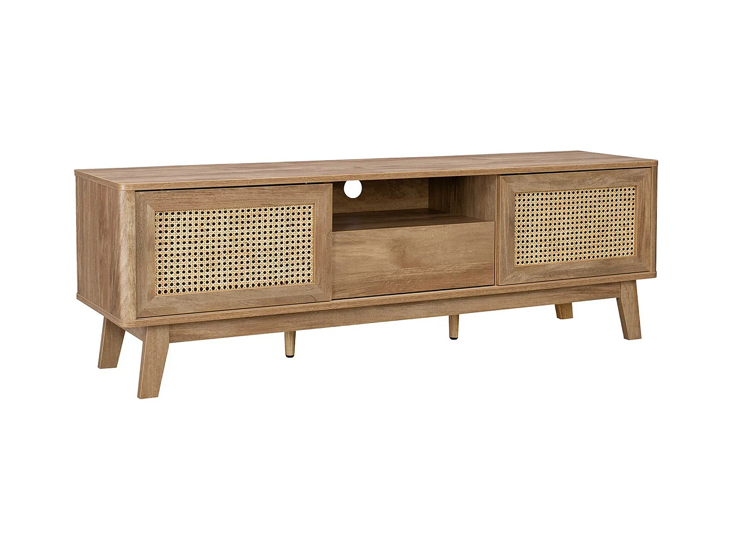 Meuble TV portes coulissantes. casier fermé. étagère effet bois et cannage 150cm