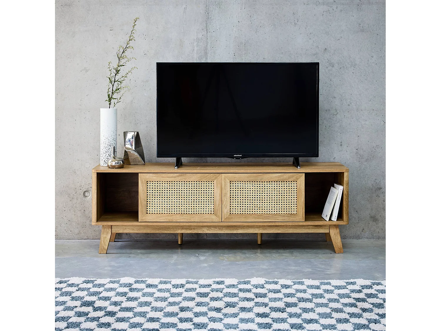 Meuble TV portes coulissantes. casier fermé. étagère décor bois et cannage 150cm