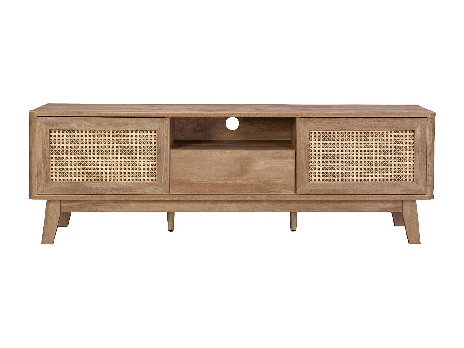 Meuble TV portes coulissantes. casier fermé. étagère décor bois et cannage 150cm