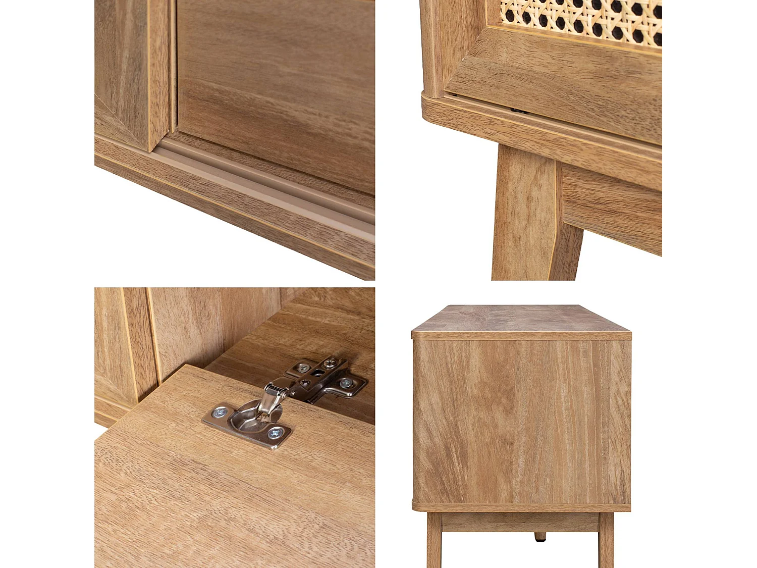 Meuble TV portes coulissantes. casier fermé. étagère décor bois et cannage 150cm