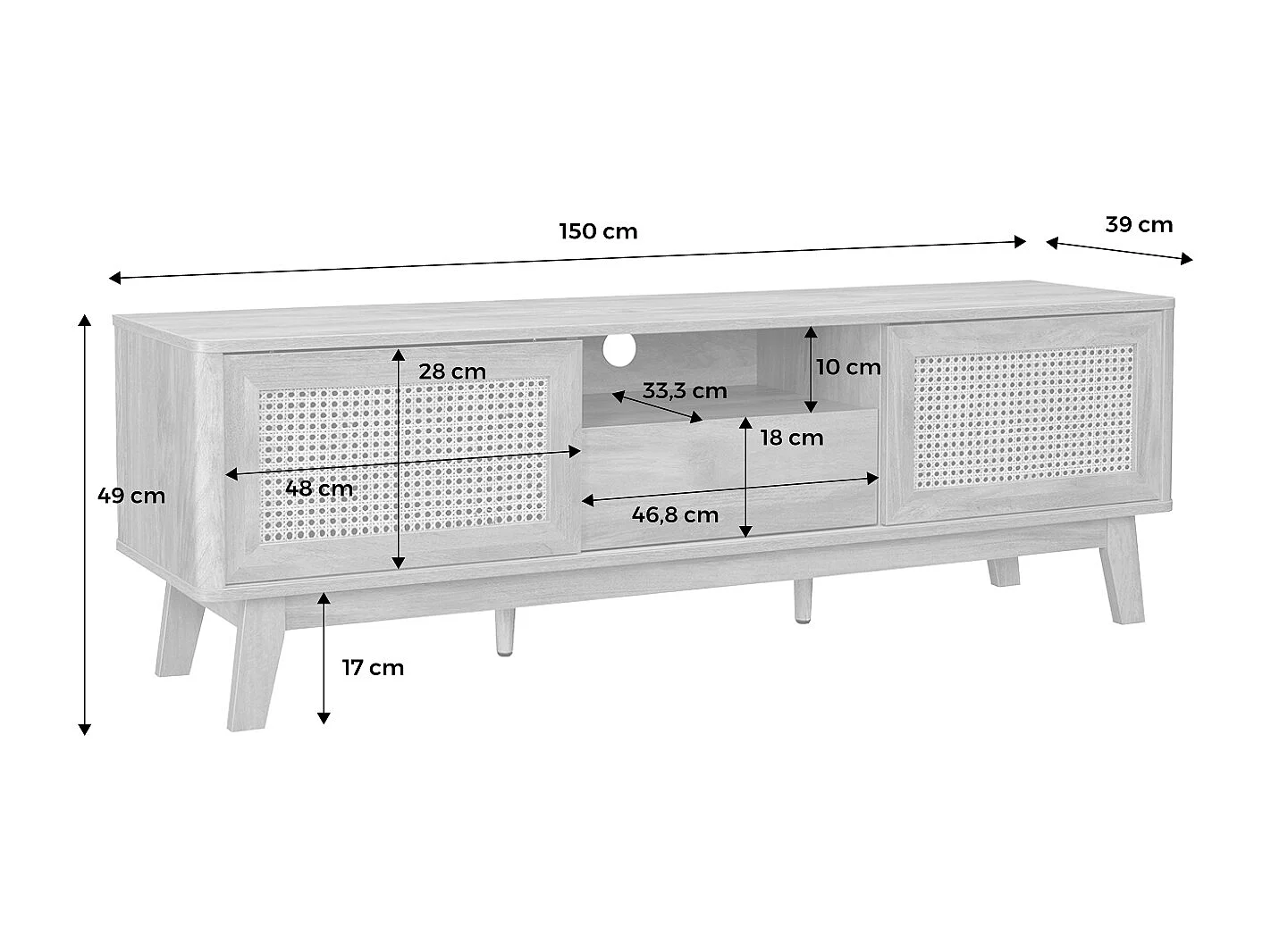 Meuble TV portes coulissantes. casier fermé. étagère décor bois et cannage 150cm