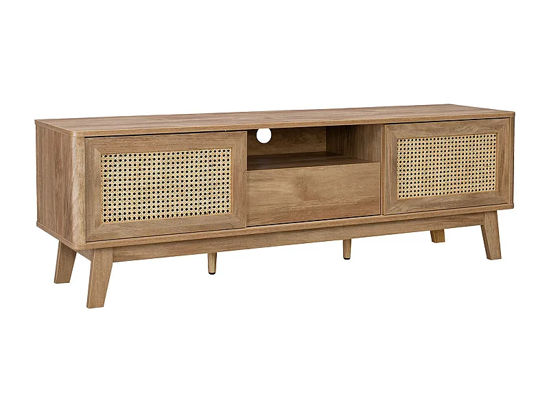 Meuble TV portes coulissantes. casier fermé. étagère décor bois et cannage 150cm