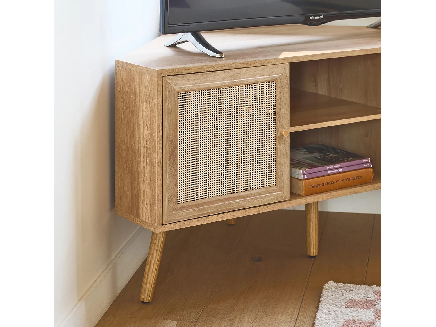 Meuble TV d'angle en décor bois et cannage. 2 portes. 1 étagère. 115cm