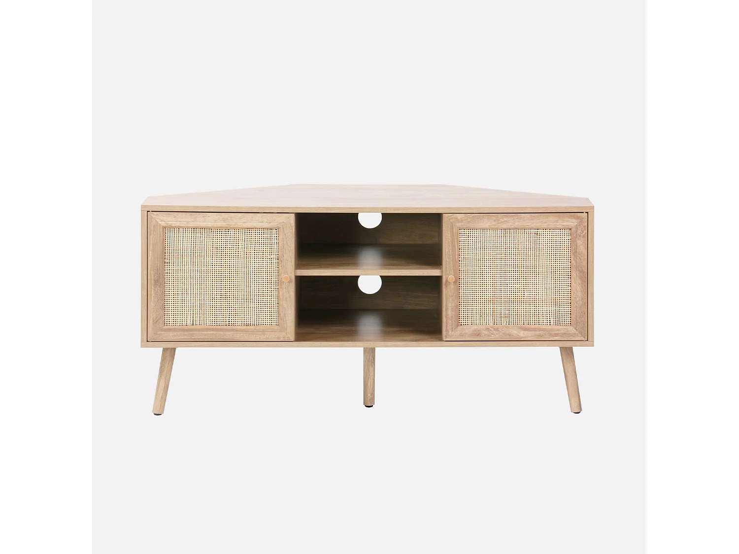 Meuble TV d'angle en décor bois et cannage. 2 portes. 1 étagère. 115cm